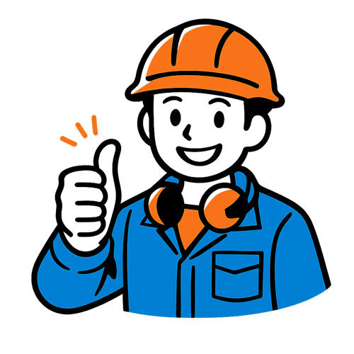 A simple drawing of a happy engineer giving the thumbs up using a limited number of colours including azure blue and orange on a transparent backgroun