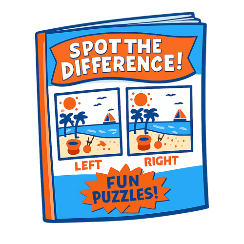 A simple drawing of a spot the difference puzzle book using a limited number of colours including azure blue and orange on a transparent background-3