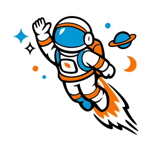 A simple drawing of an astronaught soaring in space using a limited number of colours including azure blue and orange on a transparent background-1