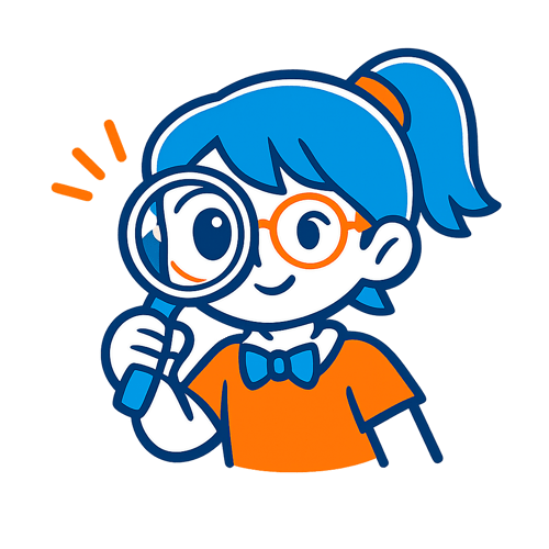 A simple drawing of clever girl holding a magnifying glass using a limited number of colours including azure blue and orange on a transparent backgrou-1
