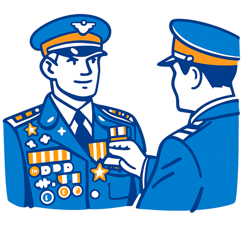 A simple drawing of highly decorated soldier getting a new medal using a limited number of colours including azure blue and orange on a transparent ba-4