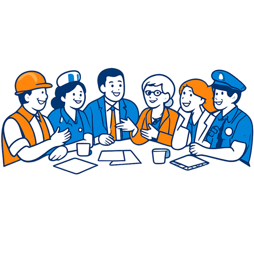 A simple drawing of men and women from different professions sitting around a boardroom table happily chatting and listening with interested expressio A simple drawing of men and women from different professions sitting around a boardroom table happily chatting and listening with interested expressio