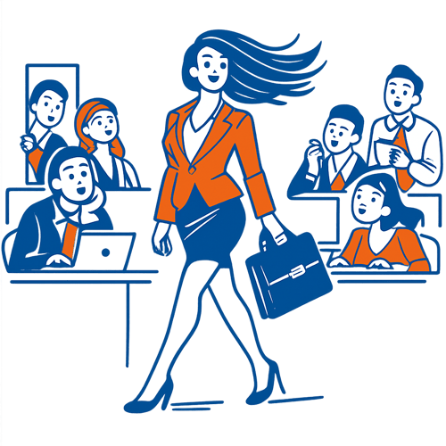 A simple drawing of pretty business woman with the wind blowing her hair as she sruts into a busy office while all the staff look at her in wonder usi-1