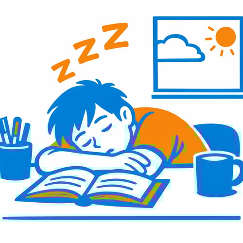 A simple drawing of someone caught napping using a limited number of colours including azure blue and orange-1