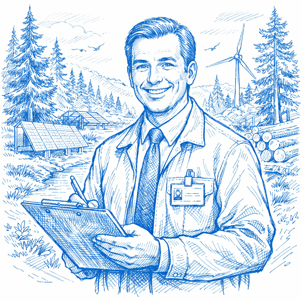 Auditor with Clipboard in Sky Blue Ink Drawing