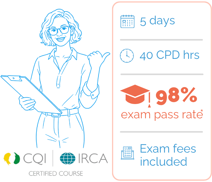 SQMC ISO 9001 Lead Auditor course: 5 days, 40 CPD hours, CQI and IRCA certified, 98% overall exam pass rate, exam fees covered. SQMC ISO 9001 Lead Auditor course: 5 days, 40 CPD hours, CQI and IRCA certified, 98% overall exam pass rate, exam fees covered.